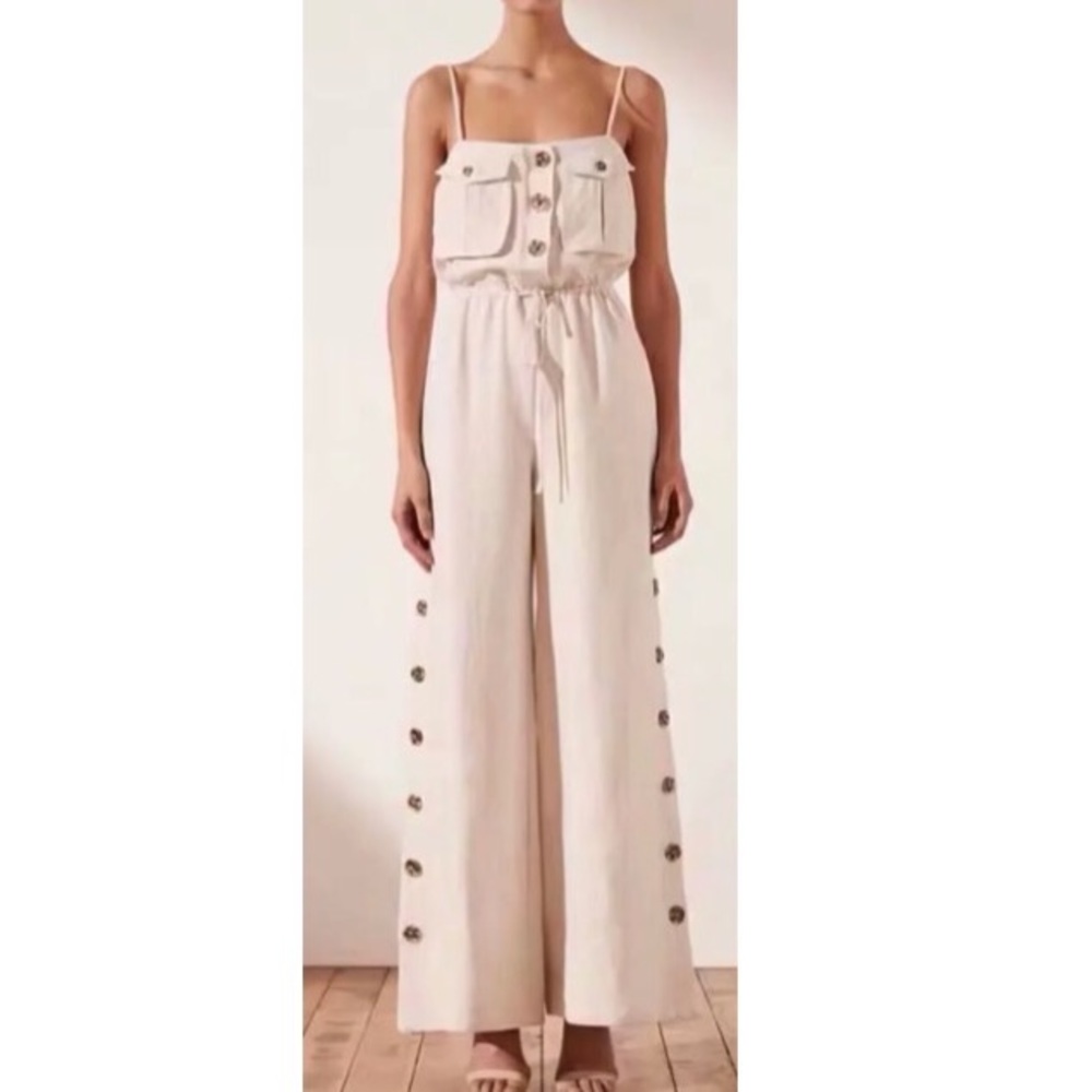 Boutique Khaki Wide Leg Button Jumpsuit with Tie Waist